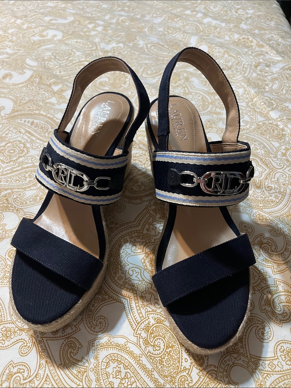 Lauren Ralph Lauren Navy Espadrille Wedge Sandals with Silver Logo Trim